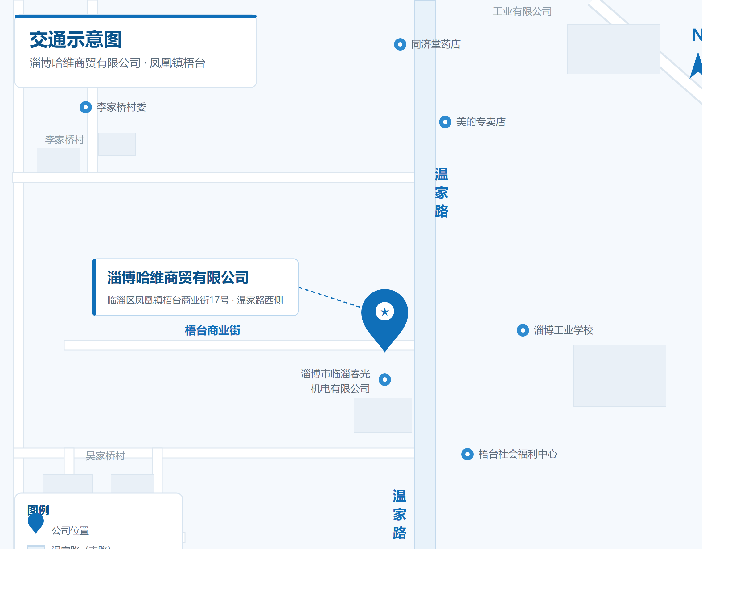 淄博哈维商贸有限公司交通示意图：临淄区凤凰镇梧台商业街17号，温家路西侧